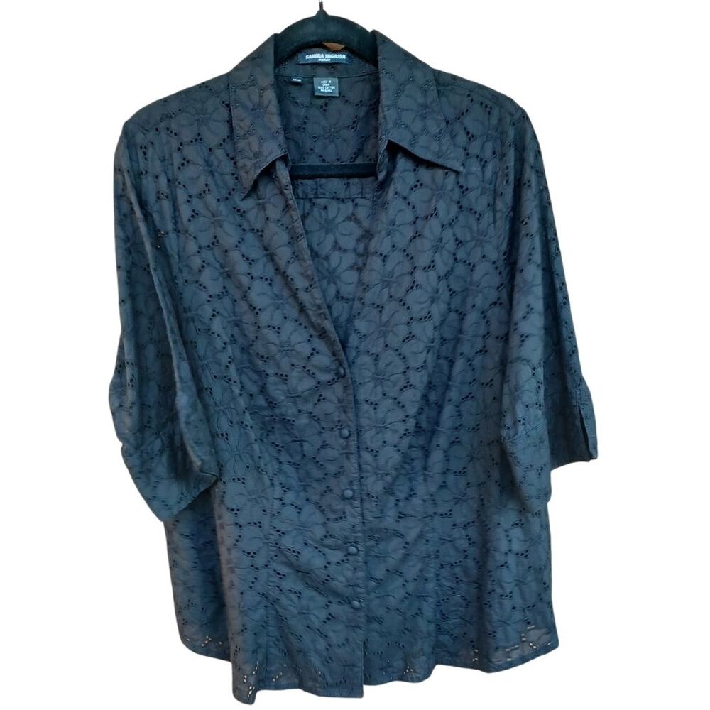 Sandra Ingrish Women 16W Black Eyelet Embroidered Cotton Shirt Jacket Blouse